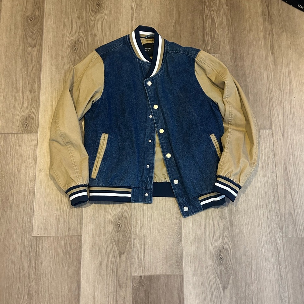 Zara Blue Denim and Khaki Two-Tone Bomber Jacket